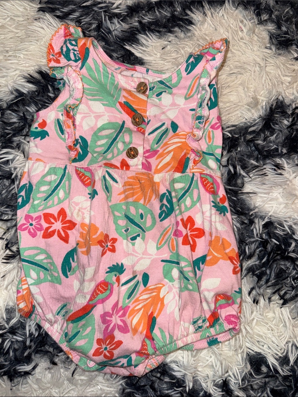 wonder nation Pink Tropical Leaf & Floral Romper with Buttons